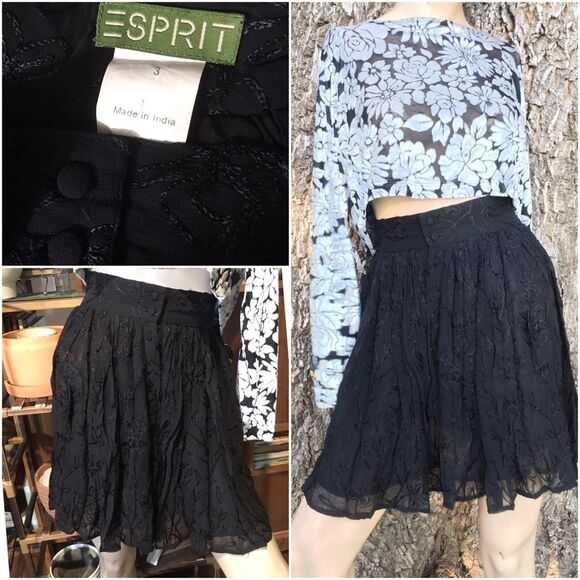 90’s ESPRIT Goth High Waist Embroidered Lace Pleated Button Down Mini Skirt - Picture 1 of 9